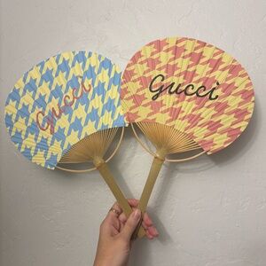 Gucci Houndstooth Patterned Bamboo Paper Fans Blue Yellow Peach Pink Summer Hues